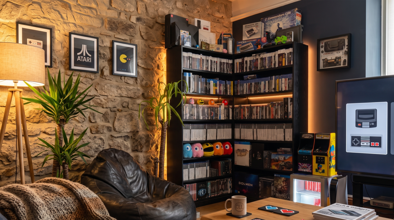 Cozy L-shaped gaming corner with a stone wall feature, black shelves packed with video game and movie cases, large Pac-Man plushies, a standing Yucca palm plant, and a large display screen showing a 'Chill Lazy Life Rest & Review' dashboard with retro console icons.