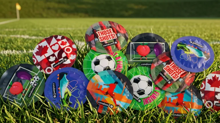World Cup 2026 Toronto limited-edition condom wrappers with soccer puns on a soccer field