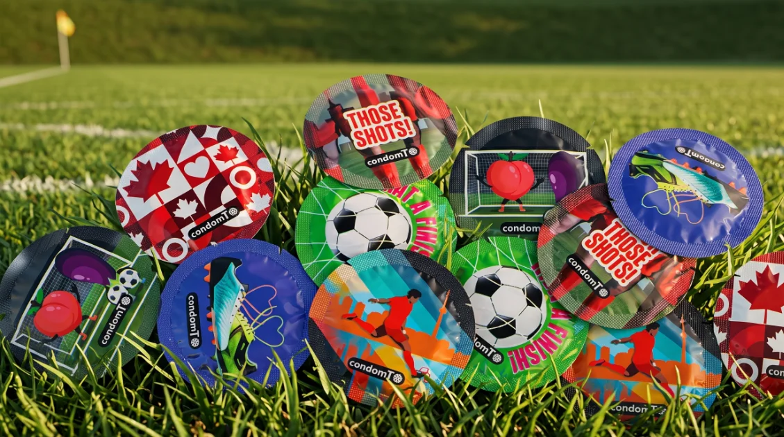 World Cup 2026 Toronto limited-edition condom wrappers with soccer puns on a soccer field