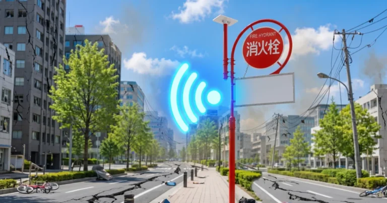 Japan fire hydrant sign with Starlink satellite dish providing emergency Wi-Fi during a simulated earthquake disaster.