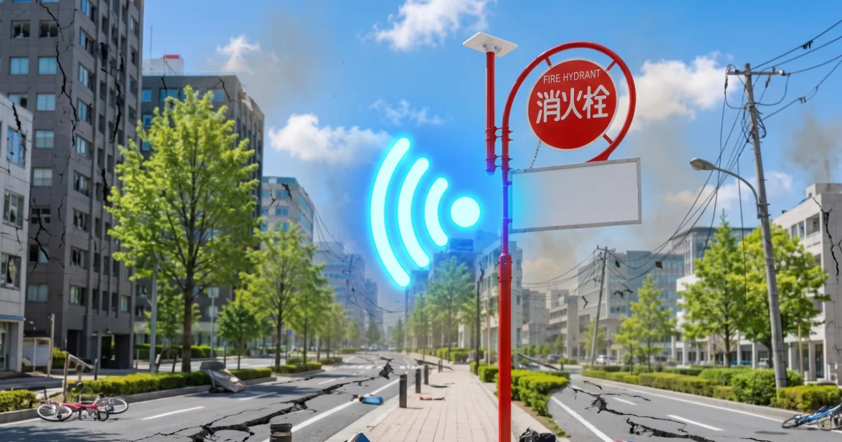 Japan fire hydrant sign with Starlink satellite dish providing emergency Wi-Fi during a simulated earthquake disaster.