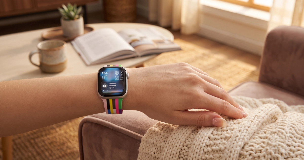 A person wearing an Apple Watch with watchOS 27 in a cozy living room, demonstrating how to work smarter and relax.