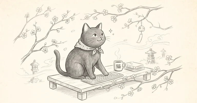 A cute Japanese pencil sketch of a cat for the book Act and Think Like a Cat, sitting on a porch with a keyboard.