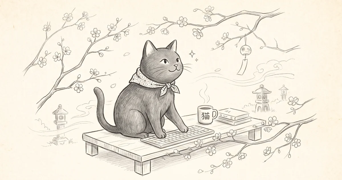 A cute Japanese pencil sketch of a cat for the book Act and Think Like a Cat, sitting on a porch with a keyboard.