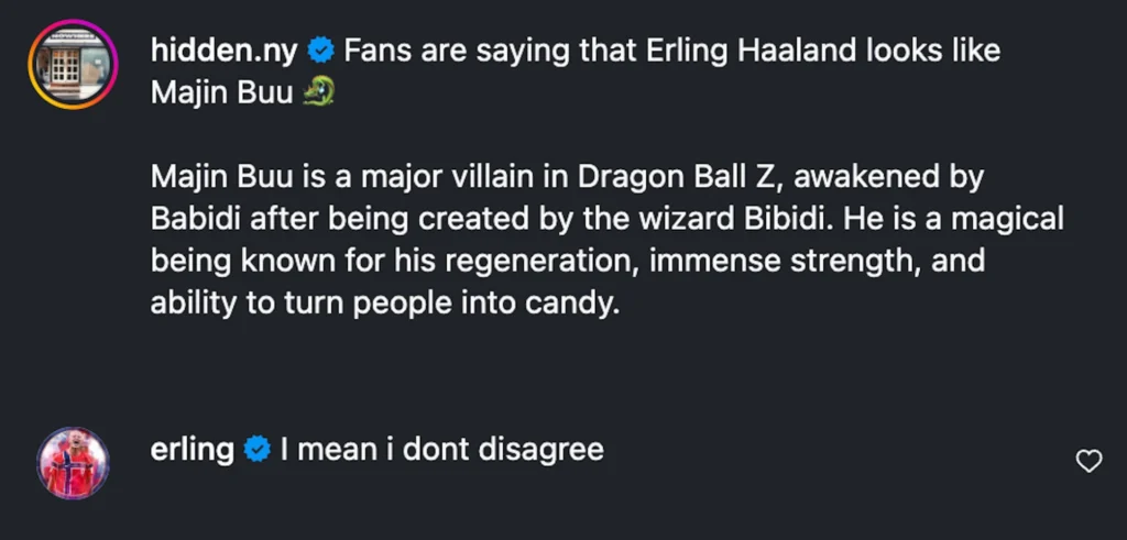 Screenshot of the viral Instagram post by hidden.ny comparing Erling Haaland to Majin Buu, featuring Haaland's official comment reply.