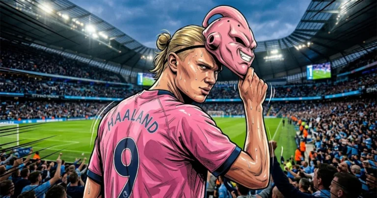 Comic book style illustration of soccer star Erling Haaland wearing a pink jersey, turning around to reveal his face while taking off a Majin Buu mask in a stadium.
