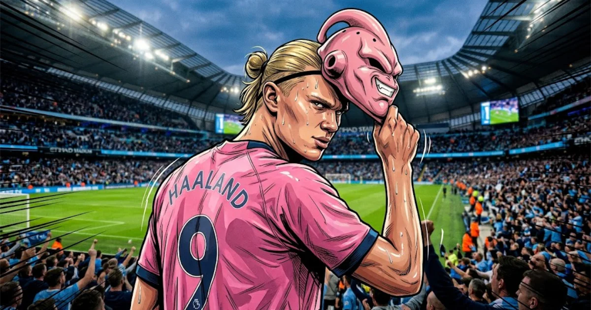 Comic book style illustration of soccer star Erling Haaland wearing a pink jersey, turning around to reveal his face while taking off a Majin Buu mask in a stadium.