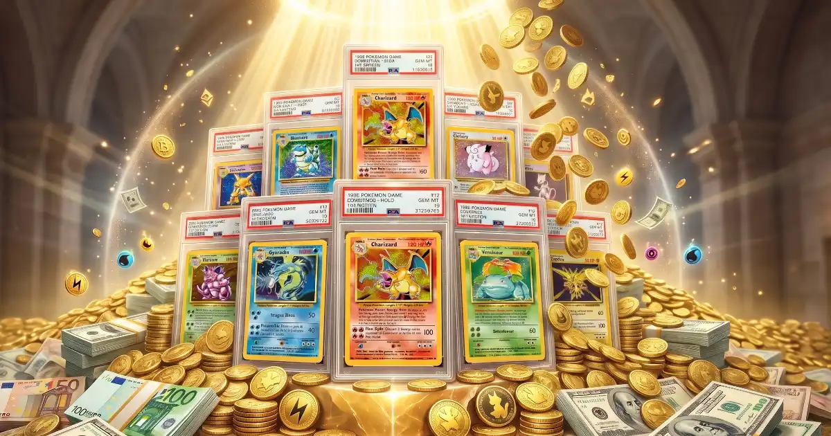 Rare 1st Edition Pokémon cards PSA 10 including Charizard showcased on a golden pedestal surrounded by cash and gold coins under a divine light for PTCG investment news.