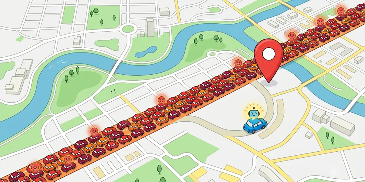 Digital map illustration showing heavy traffic jam on a main red highway and one blue robot car detouring onto a clear side street via an h-shaped ramp.