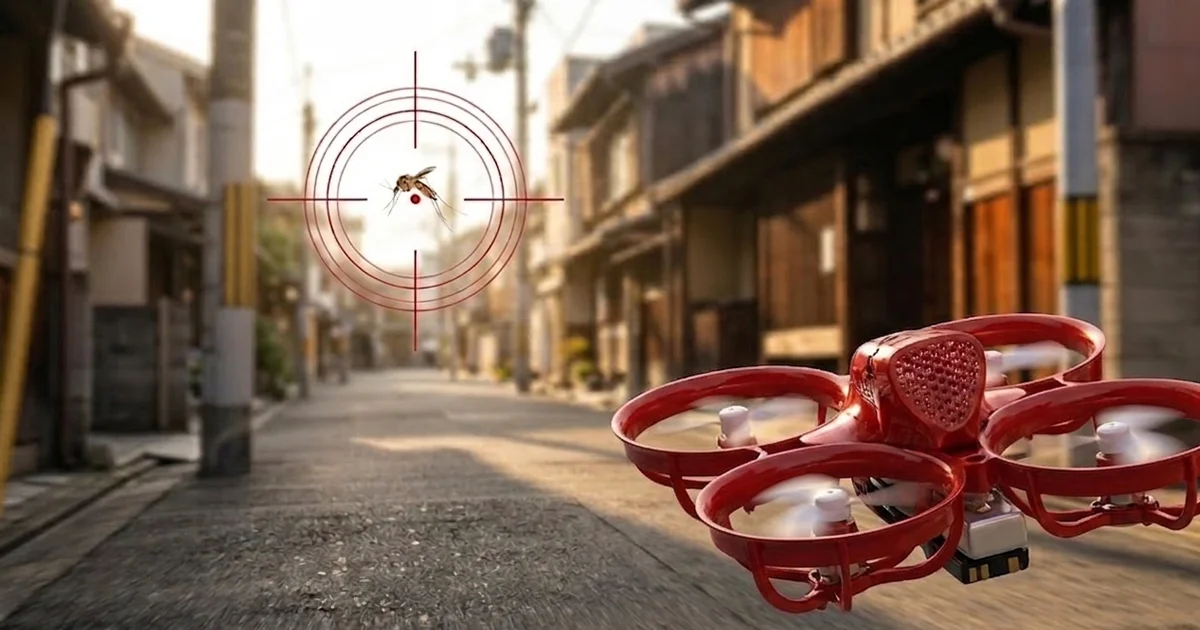 Tornyol mosquito drone hunting a bug mid-air with a crosshair target.