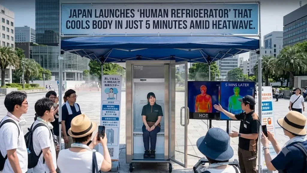 Real life demonstration of Japan Do Hiemon Box human refrigerator with thermal imaging display