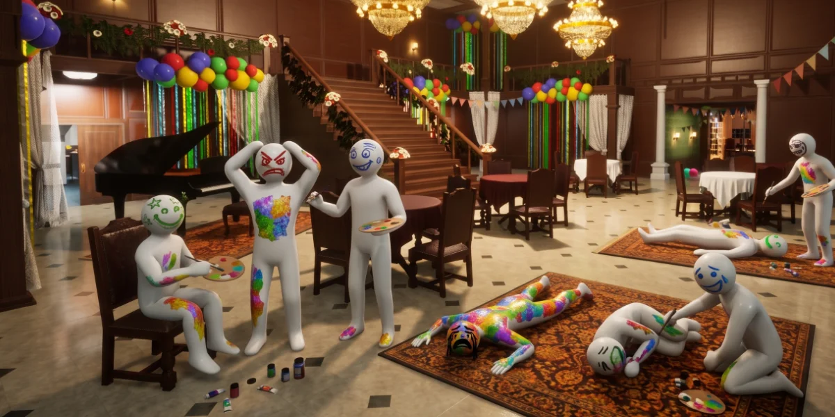 White 3D figures painting colorful camouflage and funny emoji faces on each other, representing the lazy hide-and-seek game Meccha Chameleon.