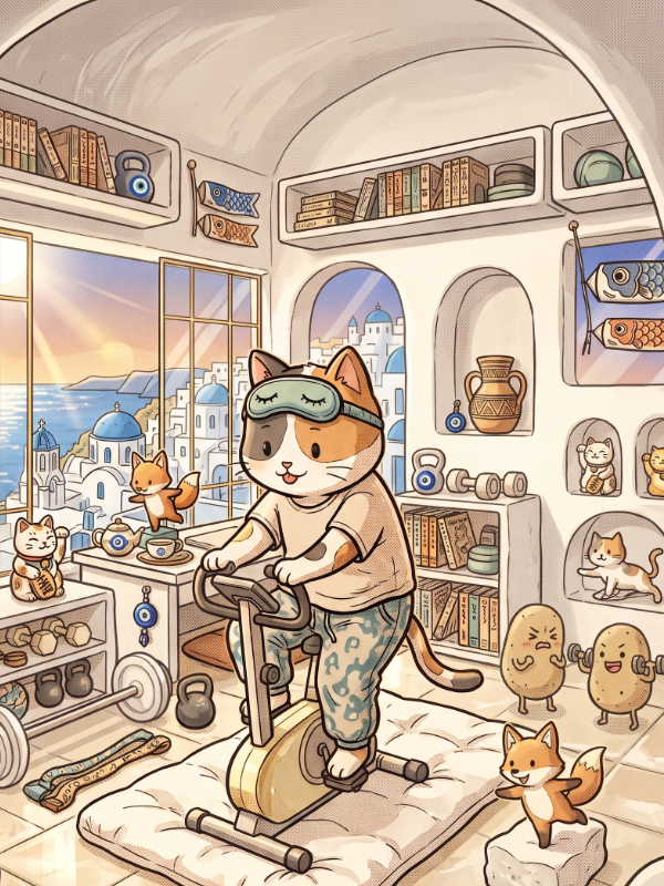 A cheerful and sunny illustration of a cute cat character happily riding a stationary exercise bike next to adorable potato characters exercising inside a bright Greek-style room with arched windows, representing casual fitness, light workouts, and an active-ish lifestyle.