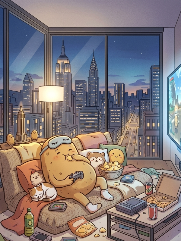 A cute couch potato character relaxing on a sofa and playing video games in a modern high-rise apartment with an American city night view, representing gaming and high-level strategy blogs.