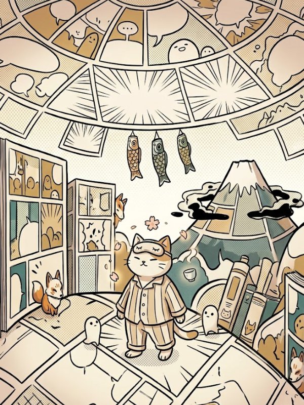 A charming Japanese-style manga illustration of a cozy room transformed into a comic book world, featuring a cat character in pajamas with a sleeping mask, koinobori, and Mount Fuji. Represents anime and manga culture, deep relaxation, and creative escapes.