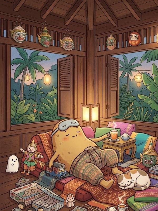 A cute illustration of a character relaxing on floor cushions inside a cozy traditional Thai wooden room with open windows, surrounded by collectibles, retro toys, and a sleeping cat, representing premium figures and hobby culture.