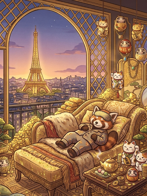 A luxurious and cozy illustration of a cute chubby hamster character relaxing on a pile of gold coins and treasure inside an elegant French apartment balcony with a Parisian view, representing smart passive income, lazy wealth, and financial freedom.