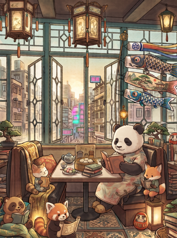 A cozy, atmospheric illustration set in a traditional Hong Kong-style dim sum teahouse, featuring a friendly panda character and various small animals sitting in wooden booths and happily reading books together, with piles of books surrounding them, soft glowing neon signs visible through the window, and a warm, inviting atmosphere perfect for a "Page Turners" lifestyle category.