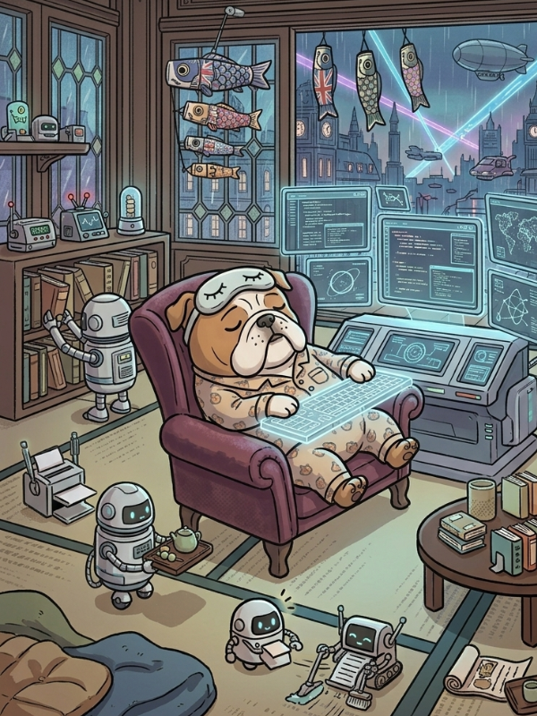 A sci-fi and cozy illustration of a cute English bulldog character relaxing in an armchair, typing on a glowing keyboard with futuristic holographic computer screens inside a classic British room, representing automation, productivity hacks, and working smarter.